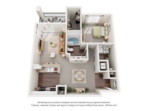 Floor plan for 1 bed, 1 bath, 889 sqft